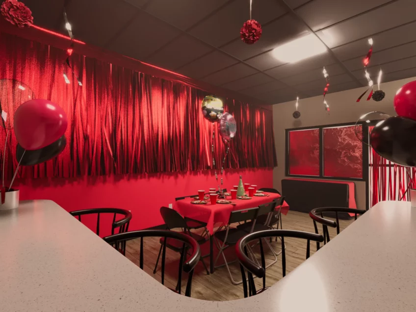 A low view from the left end that oversee Novus Middletown party room. Table, Chairs, Balloons, Confetti, and other red colour celebrations
