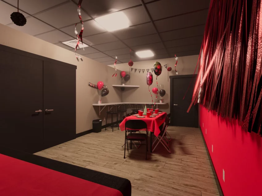 A wide view from the left end that oversee Novus Middletown party room. Table, Chairs, Balloons, Confetti, and other red colour celebrations